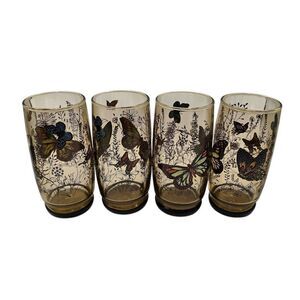 Vintage Anchor Hocking Smoke Brown Garden Butterfly Drinking Glasses Set Of 4